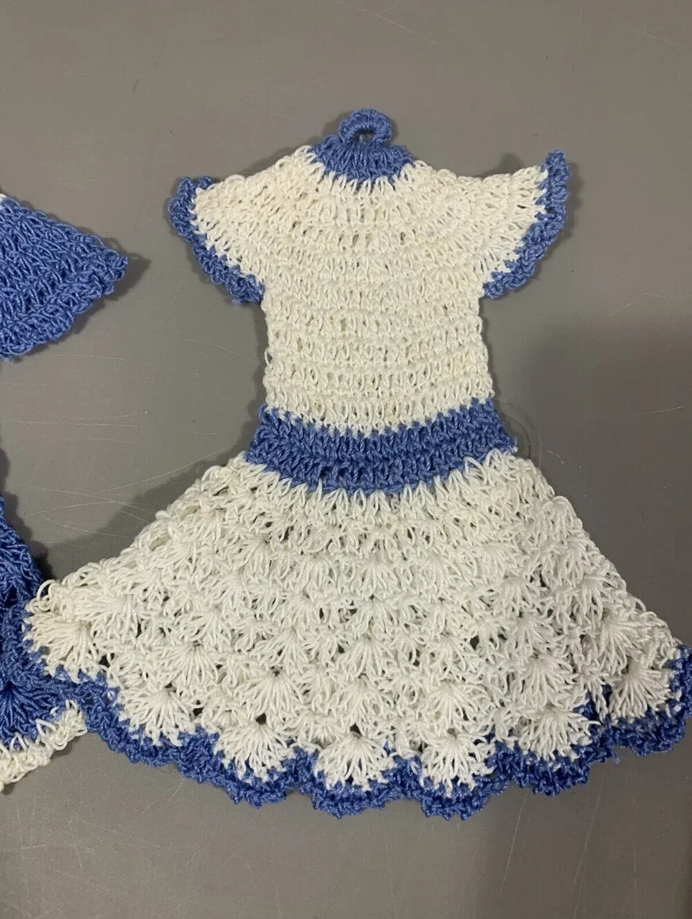 Vintage Crochet Dress Potholders Lot of 2 Handmade Blue White Retro Doll Kitchen